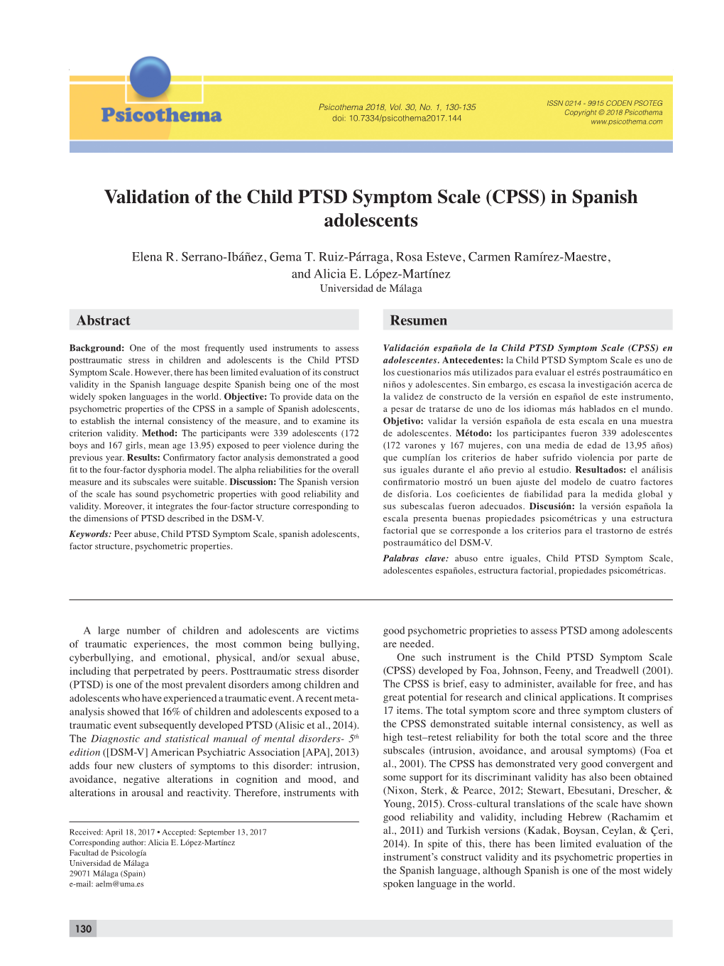 Validation of the Child PTSD Symptom Scale (CPSS) in Spanish Adolescents