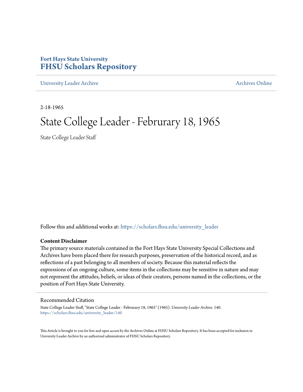 Februrary 18, 1965 State College Leader Staff