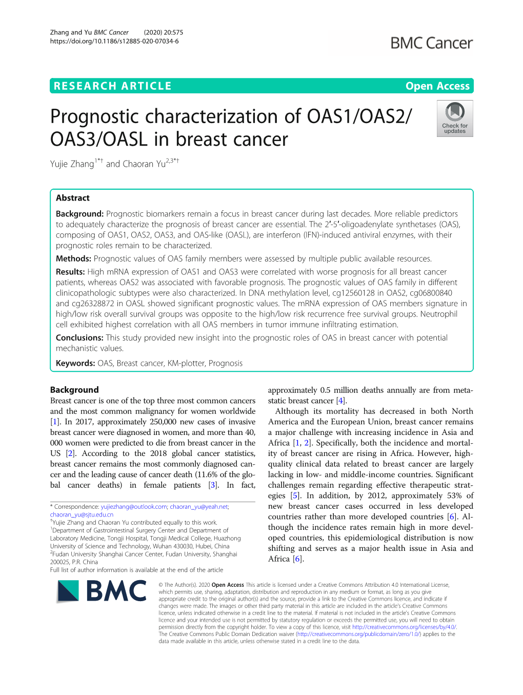 Prognostic Characterization of OAS1/OAS2/OAS3/OASL in Breast