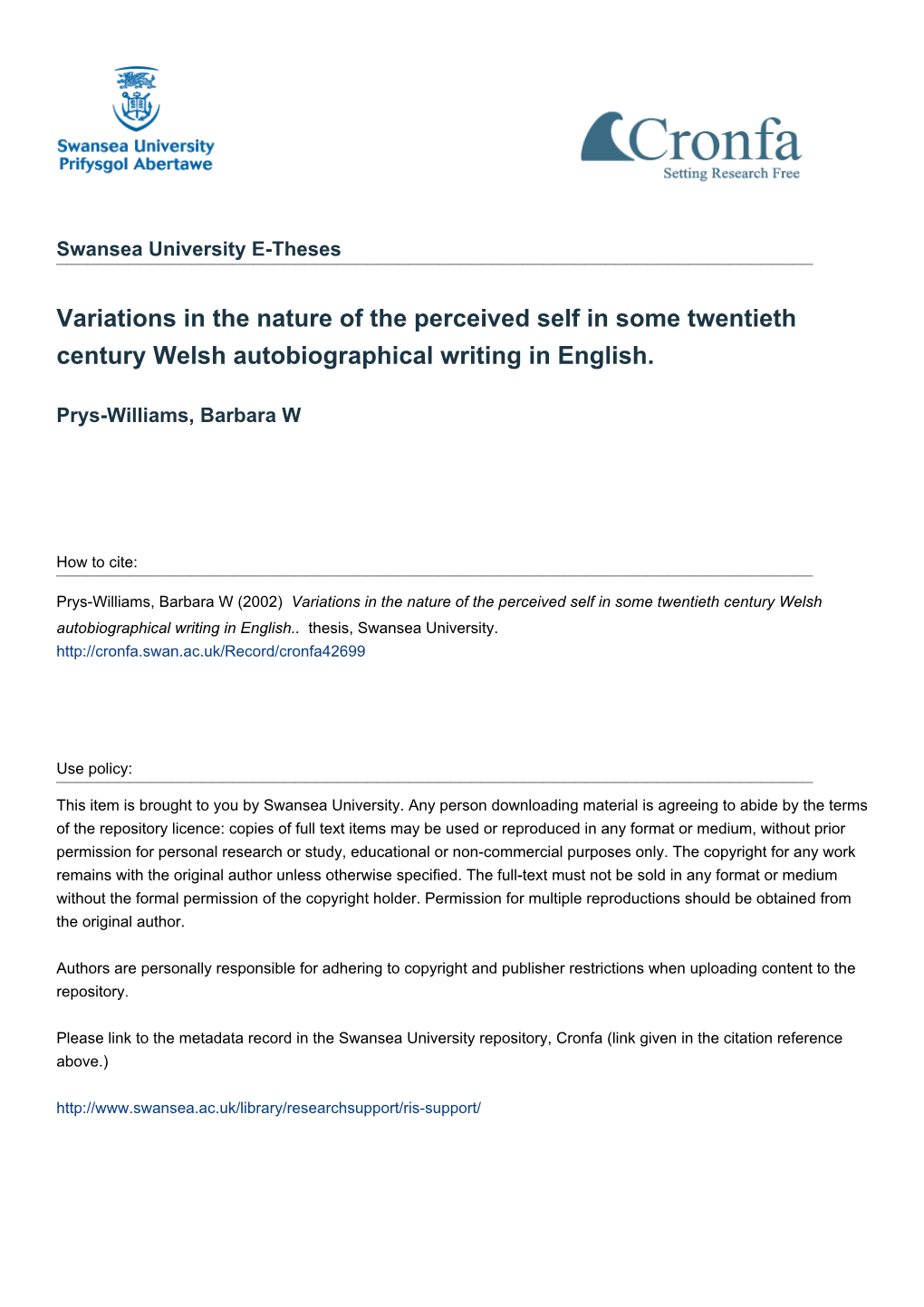 Variations in the Nature of the Perceived Self in Some Twentieth Century Welsh Autobiographical Writing in English