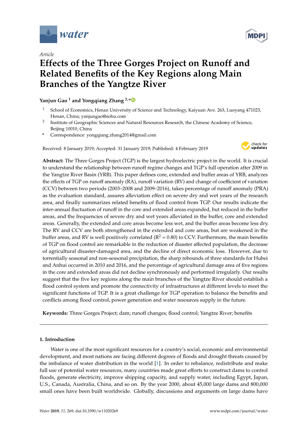 Effects of the Three Gorges Project on Runoff and Related Benefits of The