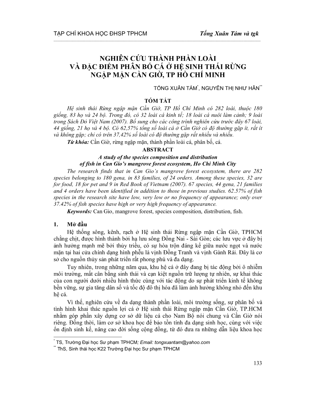 Nghiên Cứu Thành Phần Loài Và Đặc Điểm Phân Bố Cá Ở Hệ Sinh Thái Rừng Ngập Mặn Cần Giờ, Tp Hồ Chí Minh