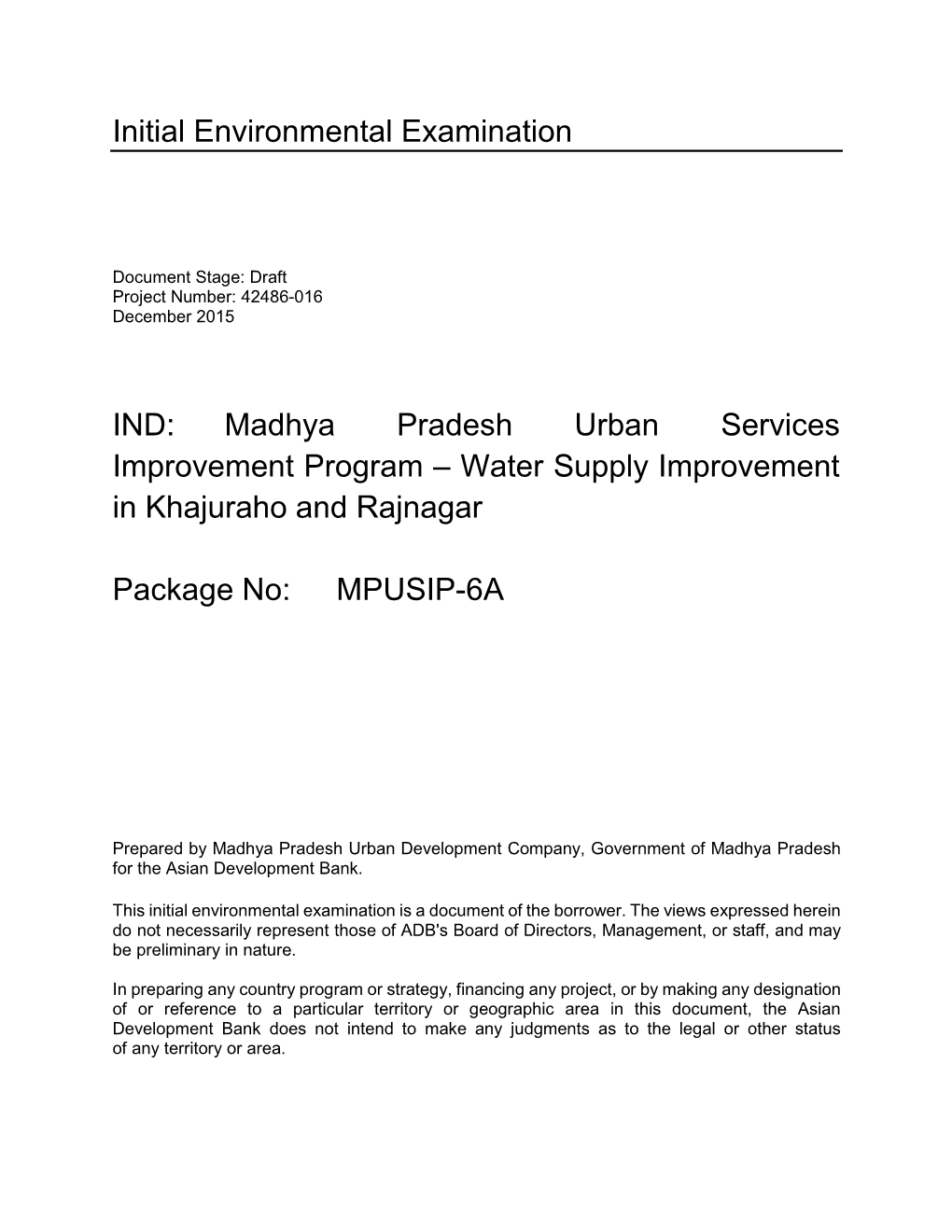 (Khajuraho and Rajnagar Water Supply) Initial Environmental Examin