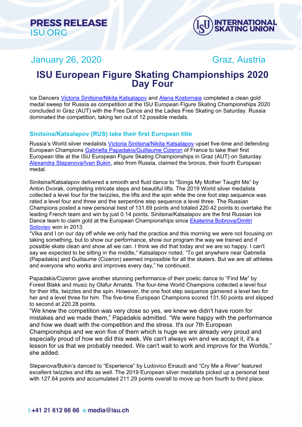 ISU European Figure Skating Championships 2020 Day Four