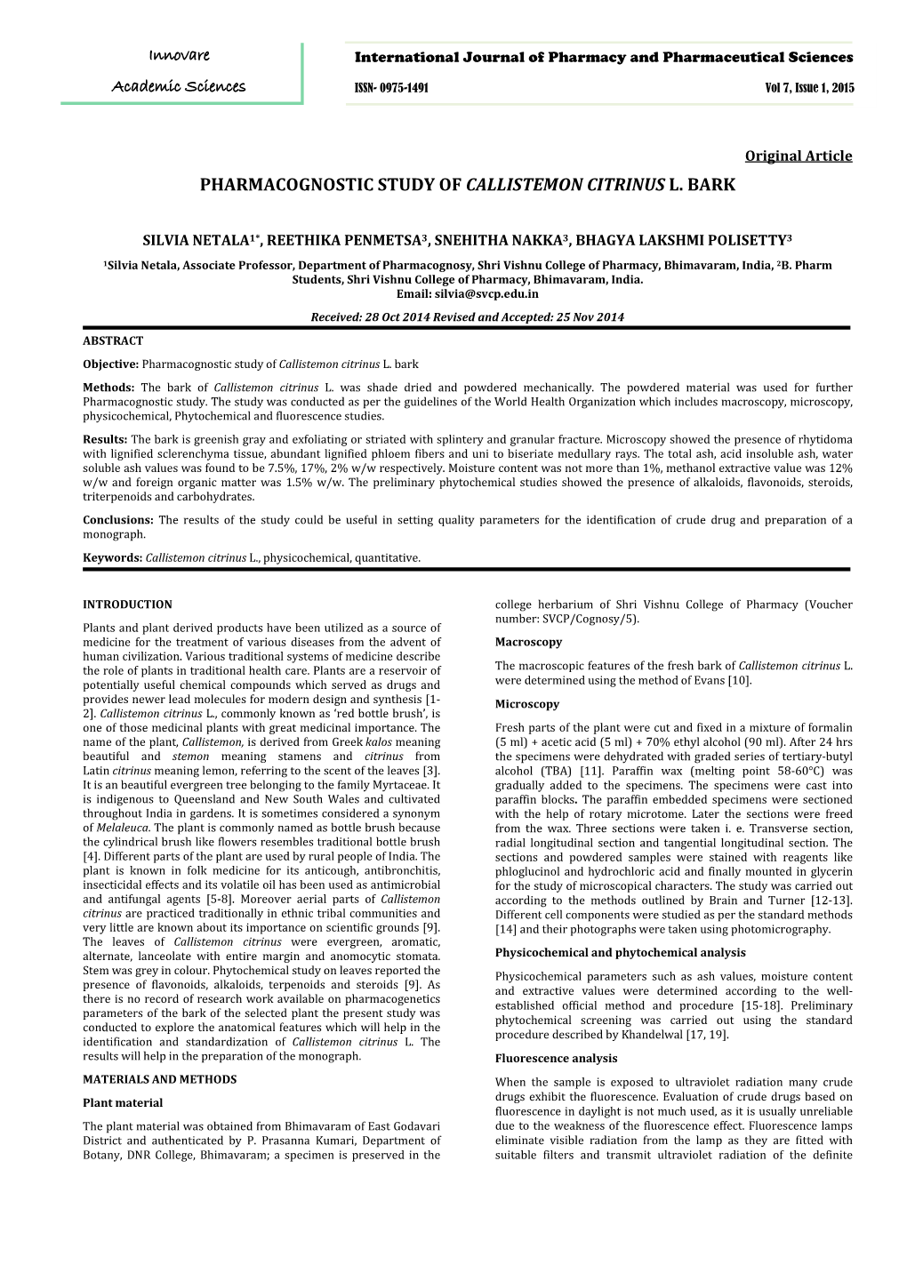 Pharmacognostic Study of Callistemon Citrinus L. Bark