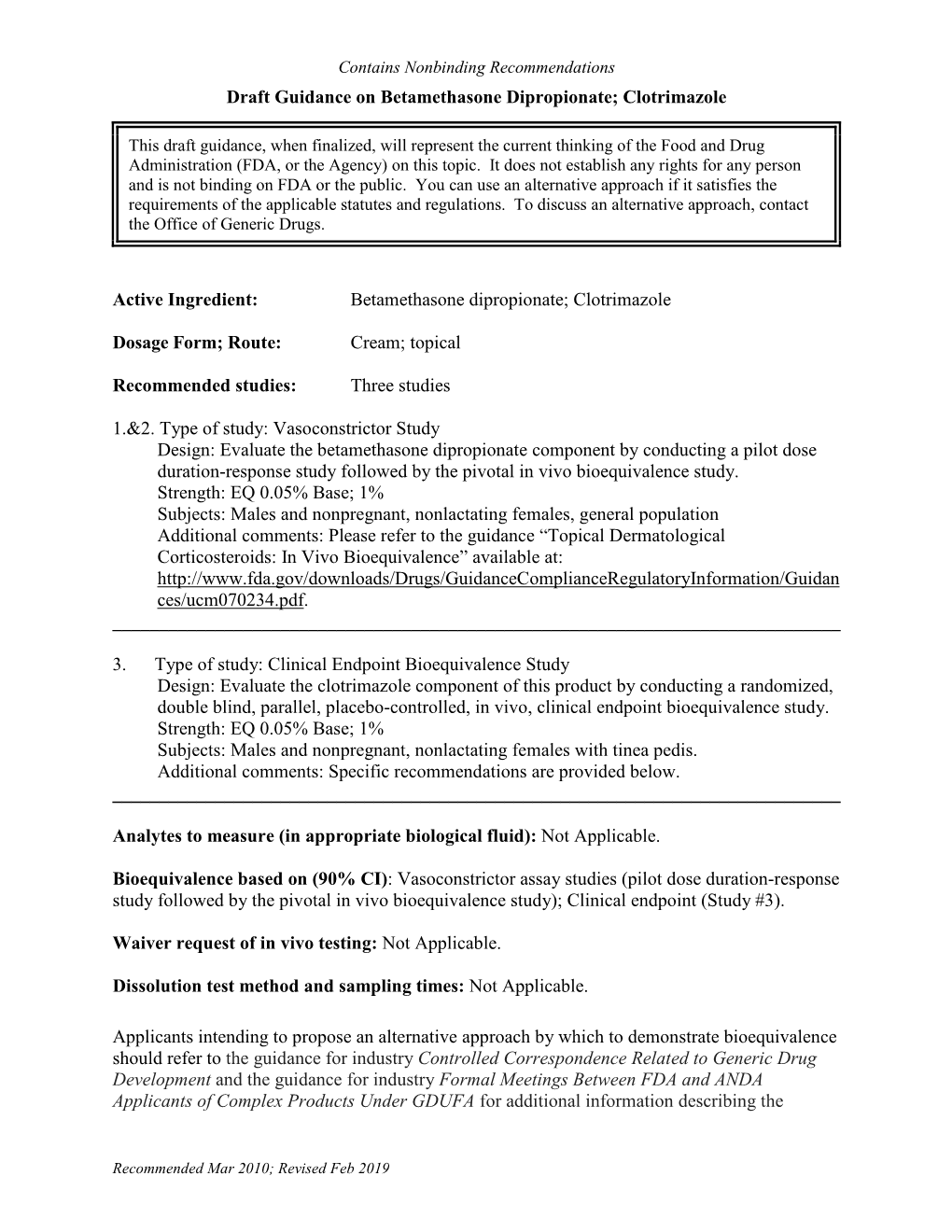 Draft Guidance on Betamethasone Dipropionate; Clotrimazole