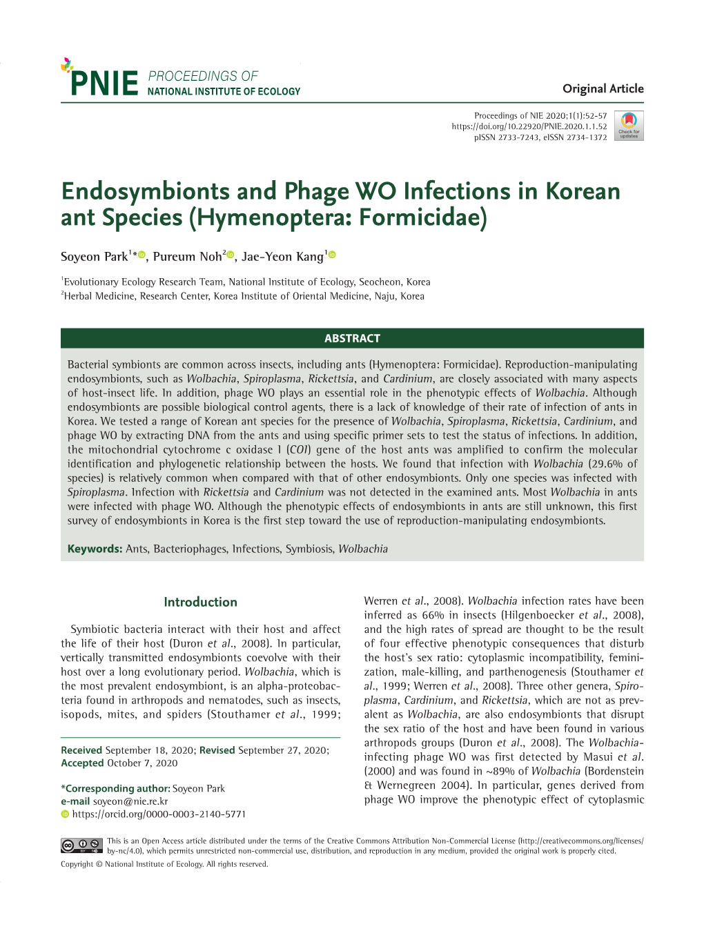 Endosymbionts and Phage WO Infections in Korean Ant Species (Hymenoptera: Formicidae)