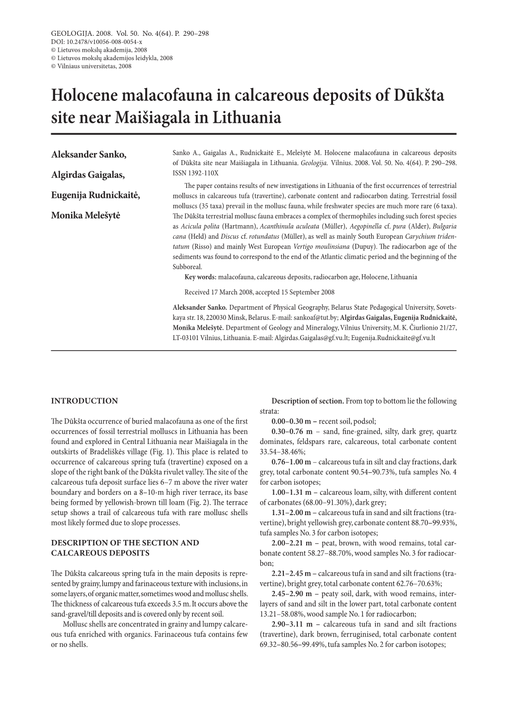 Holocene Malacofauna in Calcareous Deposits of Dūkšta Site Near Maišiagala in Lithuania