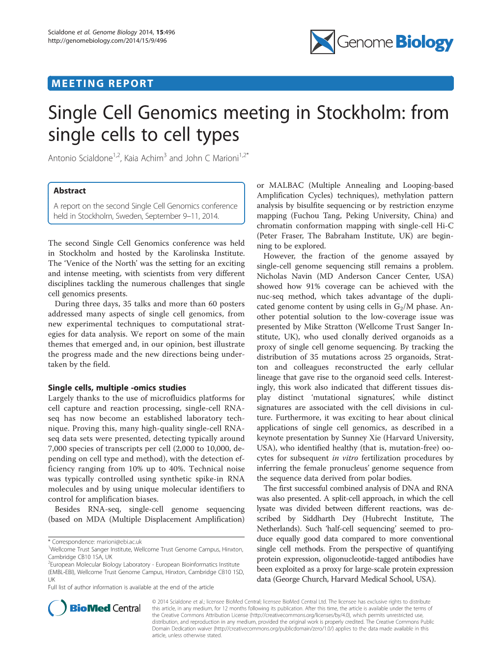 From Single Cells to Cell Types Antonio Scialdone1,2, Kaia Achim3 and John C Marioni1,2*