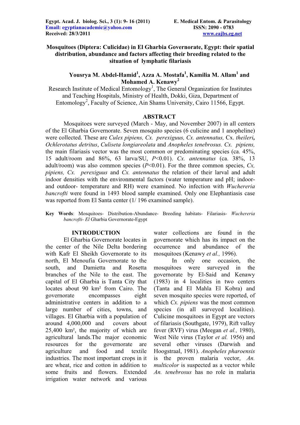 Mosquitoes (Diptera: Culicidae) in El Gharbia Governorate, Egypt: Their