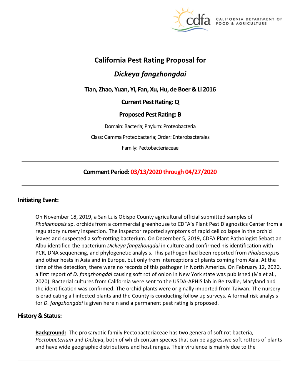 California Pest Rating Proposal for Dickeya Fangzhongdai