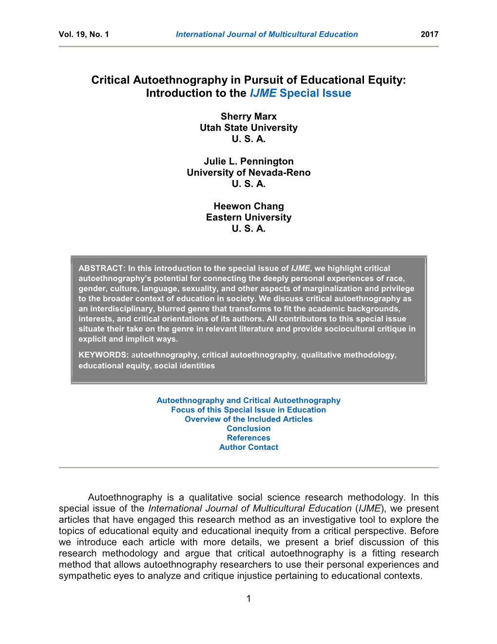 Critical Autoethnography in Pursuit of Educational Equity: Introduction to the IJME Special Issue