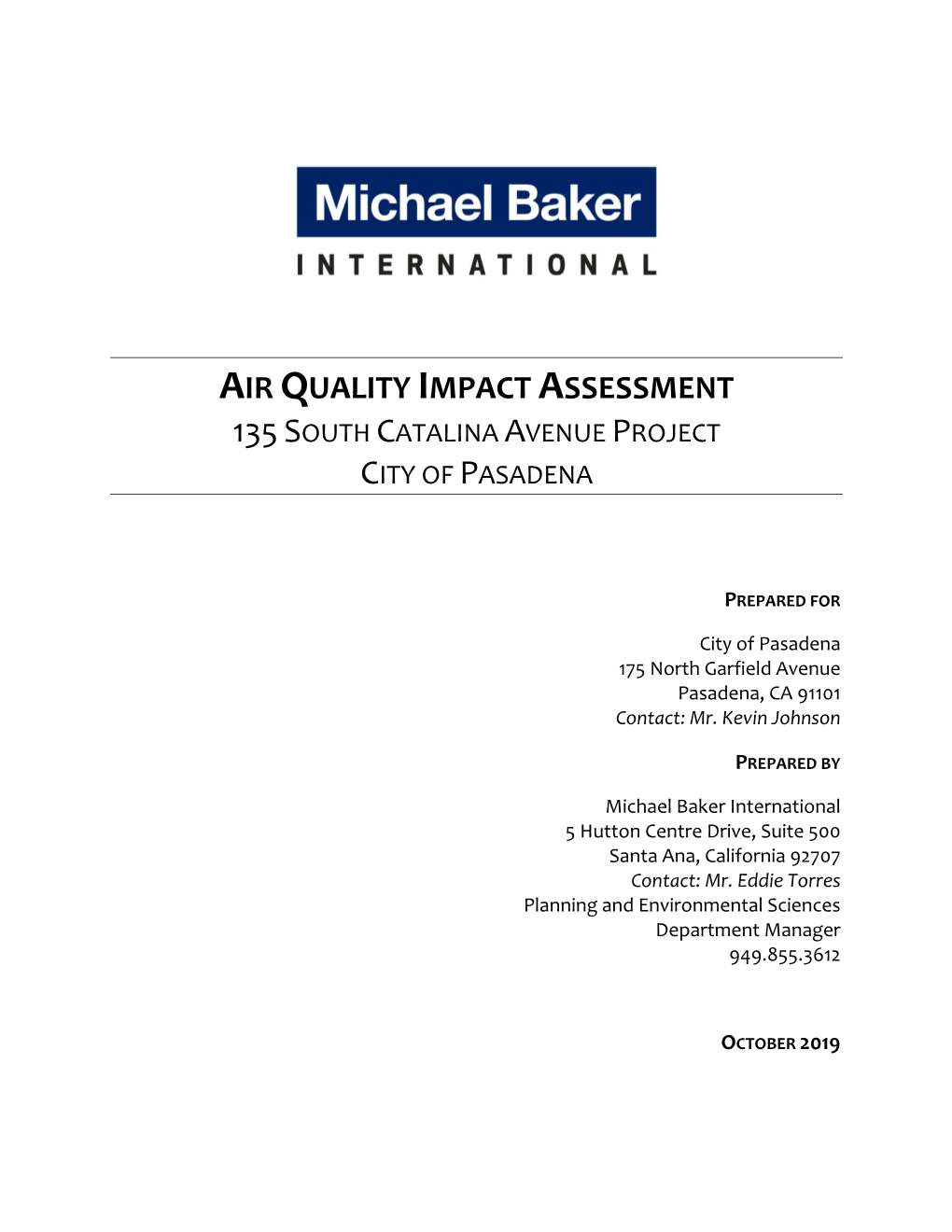Air Quality Impact Assessment 135 South Catalina Avenue Project City of Pasadena