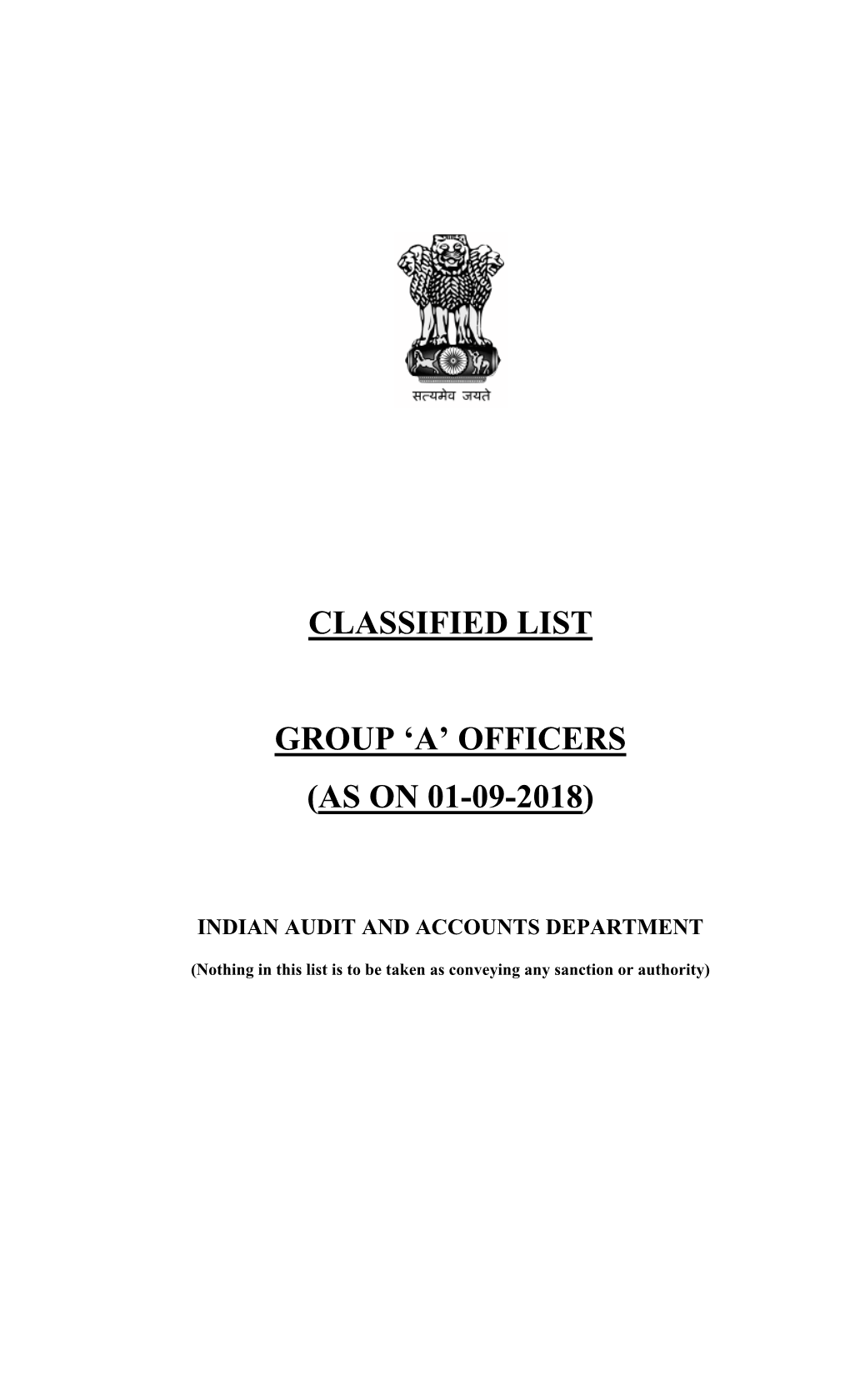 Classified List Group 'A' Officers (As on 01-09-2018)