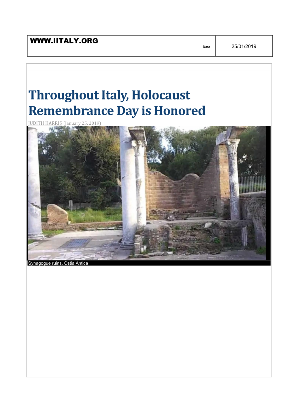 Throughout Italy, Holocaust Remembrance Day Is Honored JUDITH HARRIS (January 25, 2019)