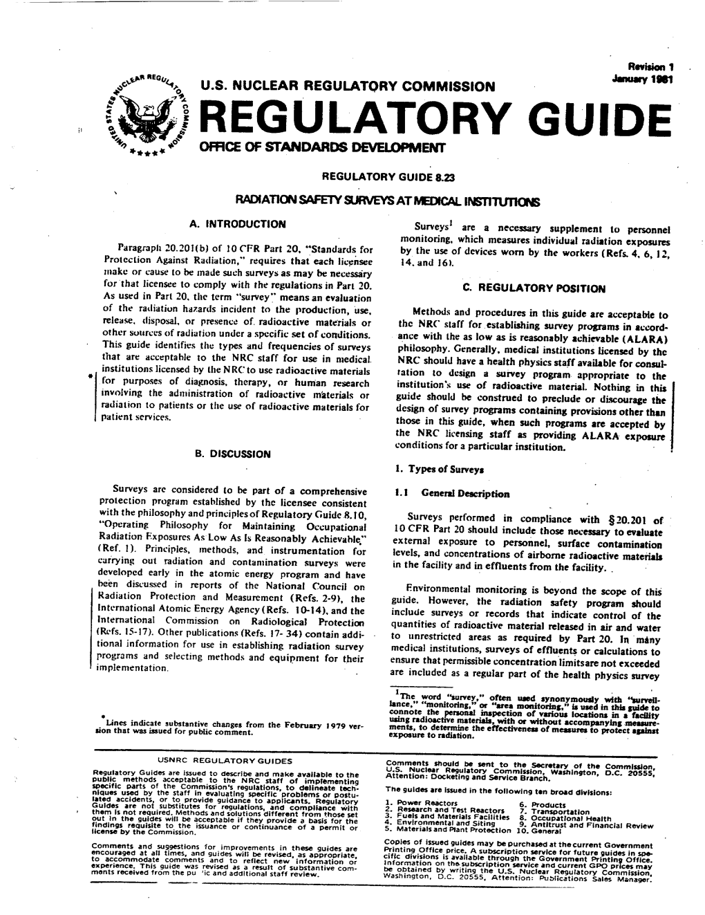 Regulatory Guide 8.23 Revision 1 Radiation Safety Surveys At