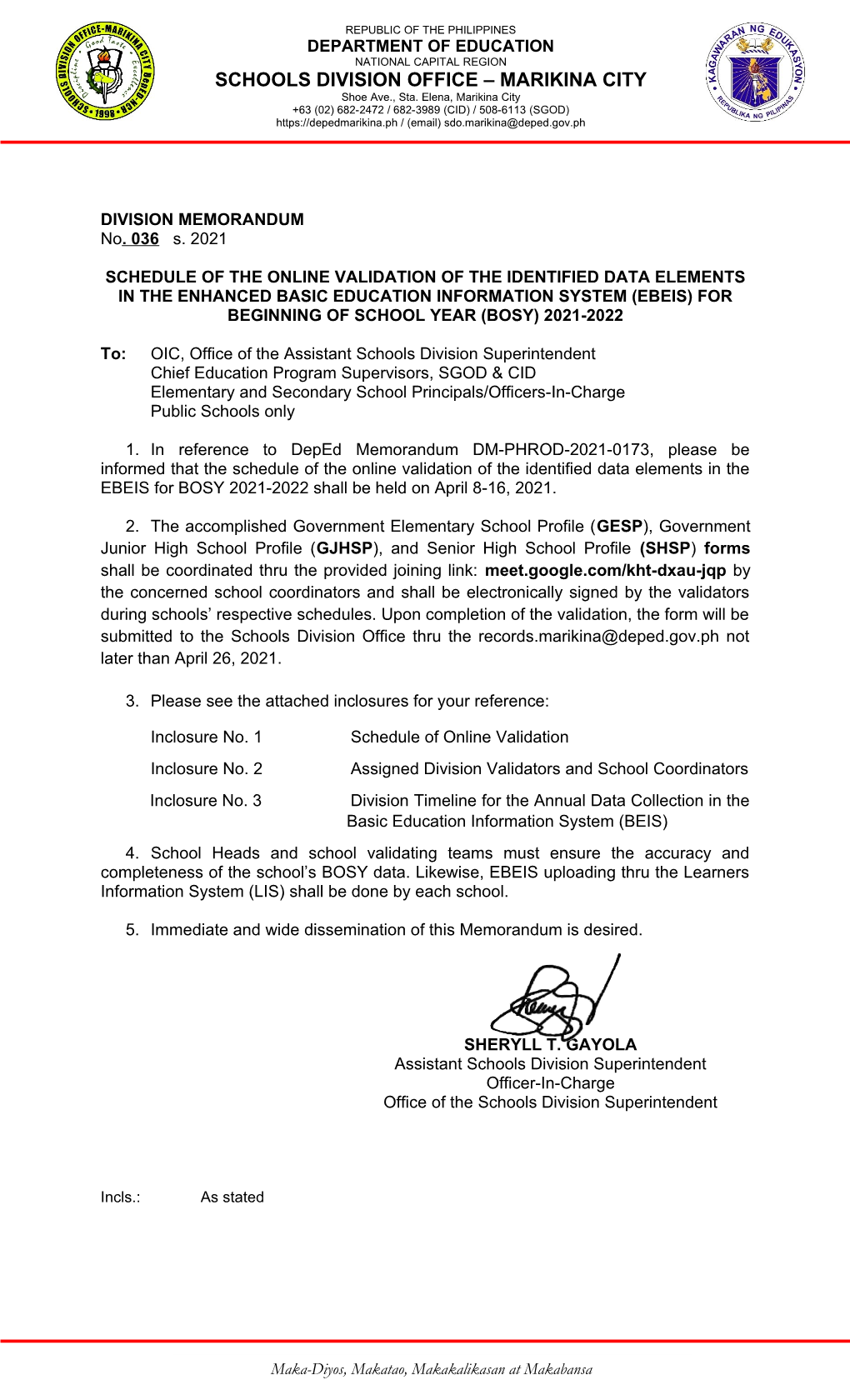 DEPARTMENT of EDUCATION NATIONAL CAPITAL REGION SCHOOLS DIVISION OFFICE – MARIKINA CITY Shoe Ave., Sta