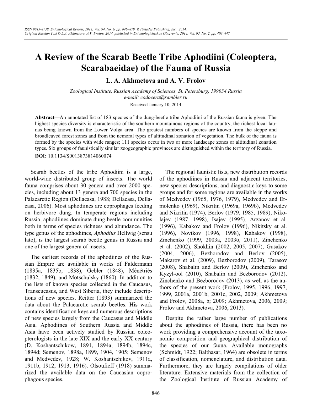 A Review of the Scarab Beetle Tribe Aphodiini (Coleoptera, Scarabaeidae) of the Fauna of Russia L