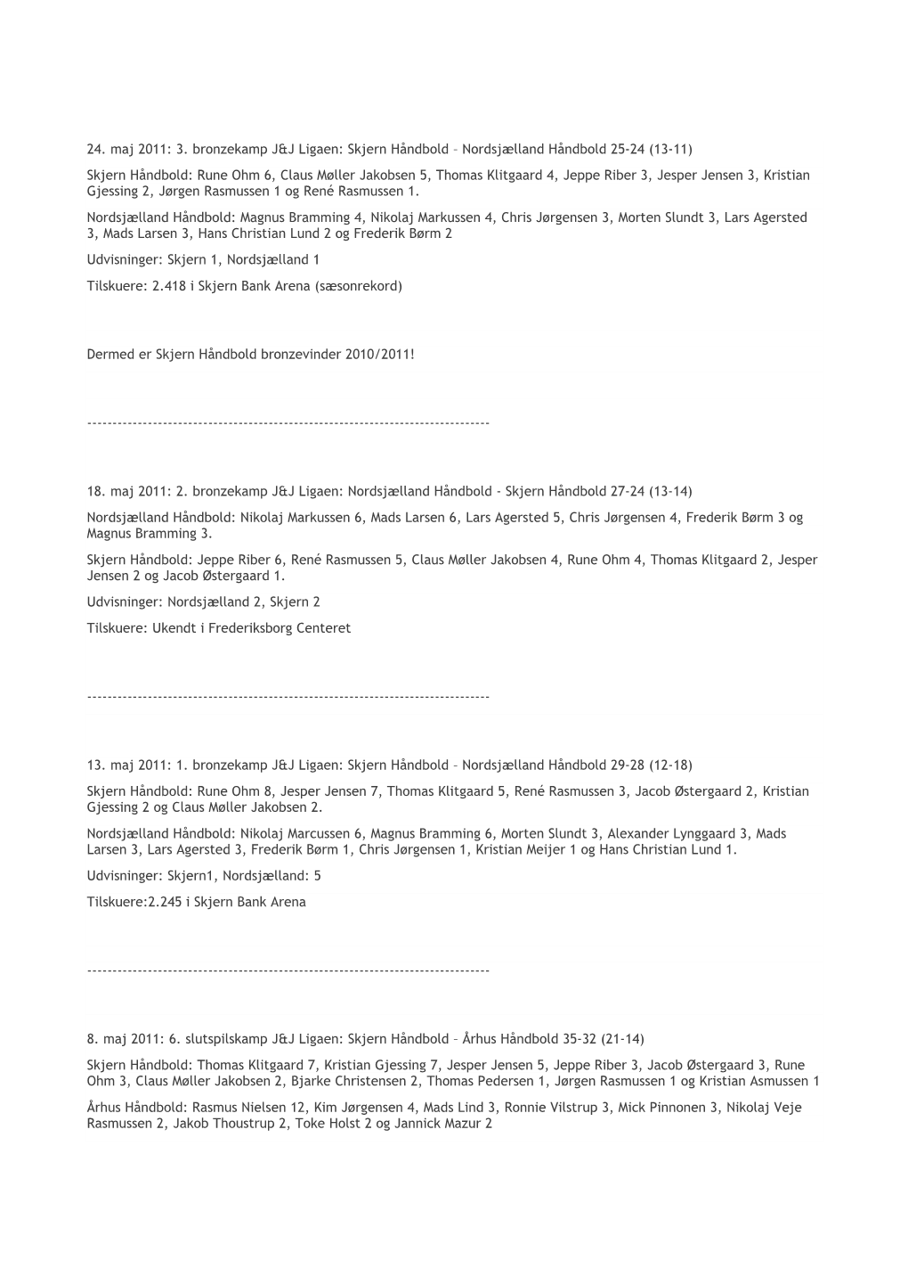24. Maj 2011: 3. Bronzekamp J&J Ligaen: Skjern Håndbold – Nordsjælland Håndbold 25-24 (13-11) Skjern Håndbold: Rune Oh
