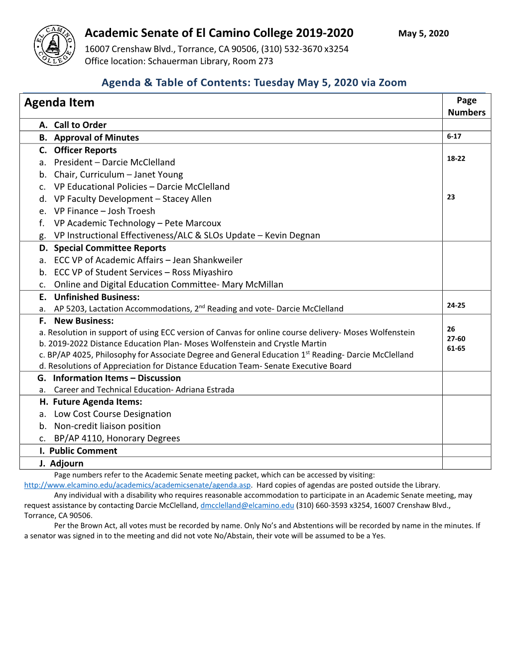 Academic Senate of El Camino College 2019-2020 Agenda Item