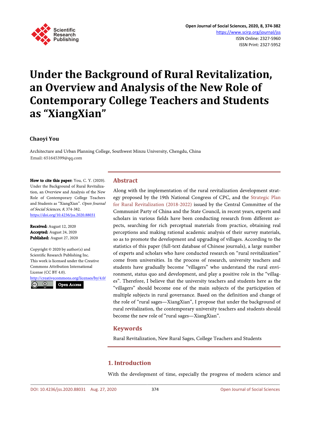 Under the Background of Rural Revitalization, an Overview and Analysis of the New Role of Contemporary College Teachers and Students As “Xiangxian”