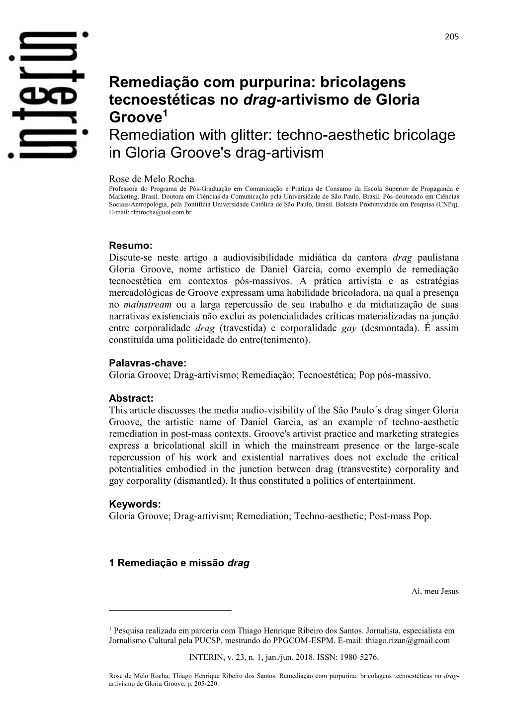 Bricolagens Tecnoestéticas No Drag-Artivismo De Gloria Groove1 Remediation with Glitter: Techno-Aesthetic Bricolage in Gloria Groove's Drag-Artivism