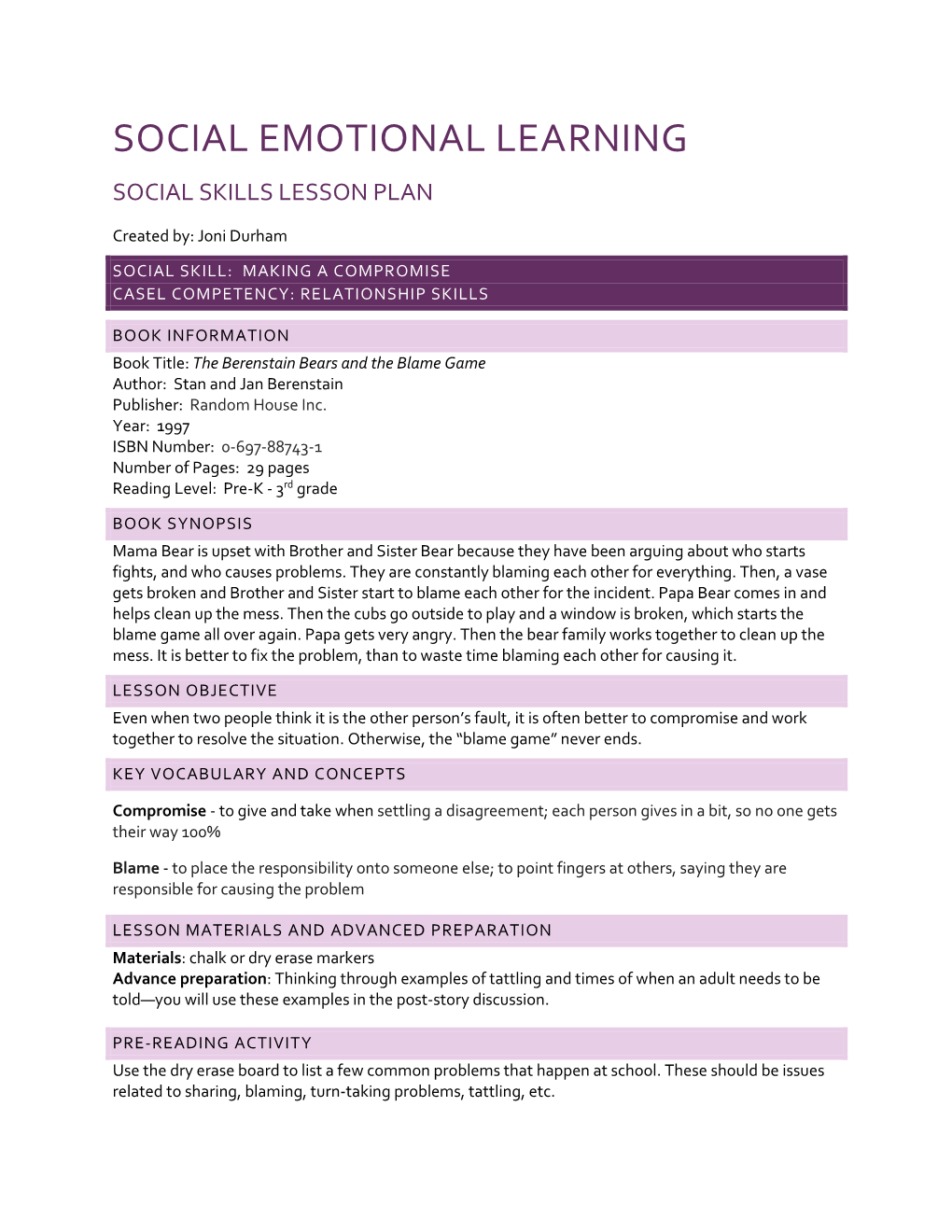 Social Emotional Learning Social Skills Lesson Plan