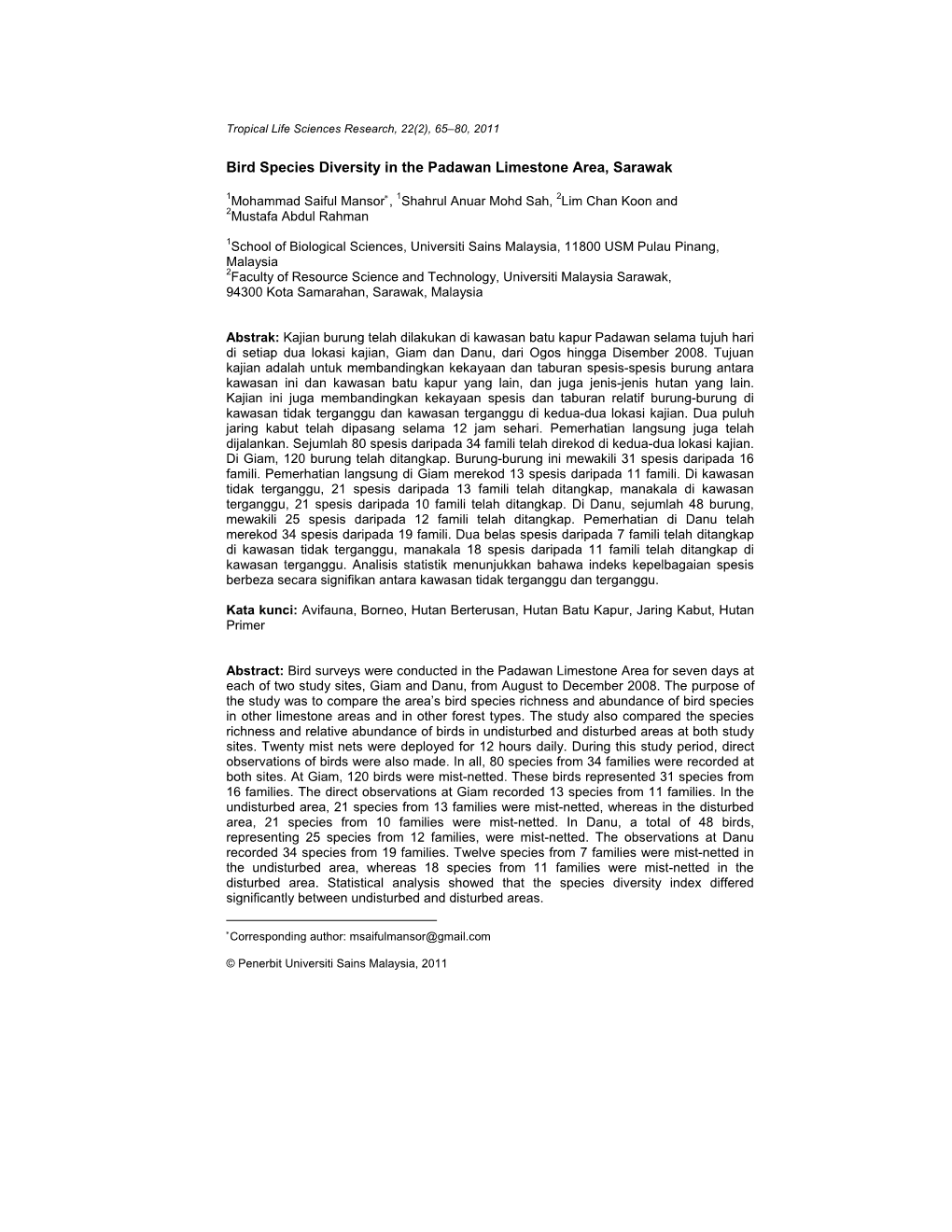 Bird Species Diversity in the Padawan Limestone Area, Sarawak