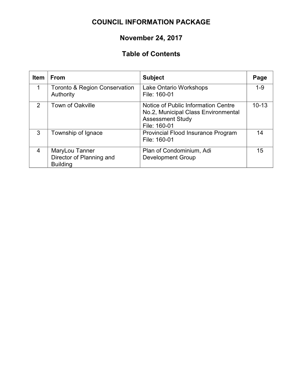 COUNCIL INFORMATION PACKAGE November 24, 2017 Table of Contents