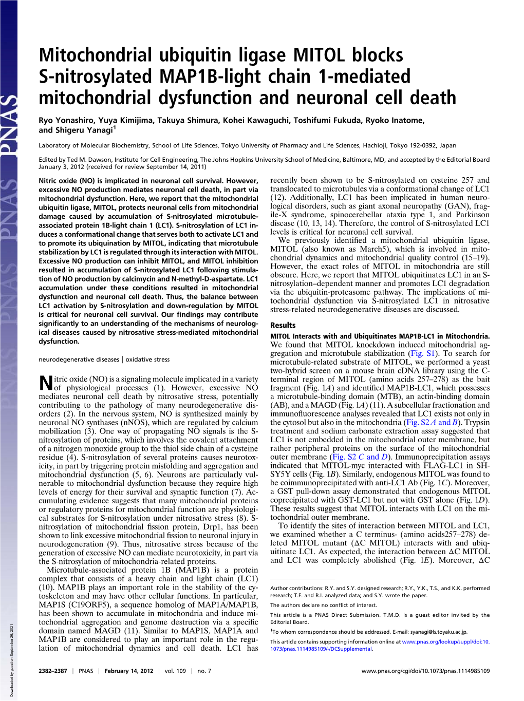 Mitochondrial Ubiquitin Ligase MITOL Blocks S-Nitrosylated MAP1B-Light Chain 1-Mediated Mitochondrial Dysfunction and Neuronal Cell Death