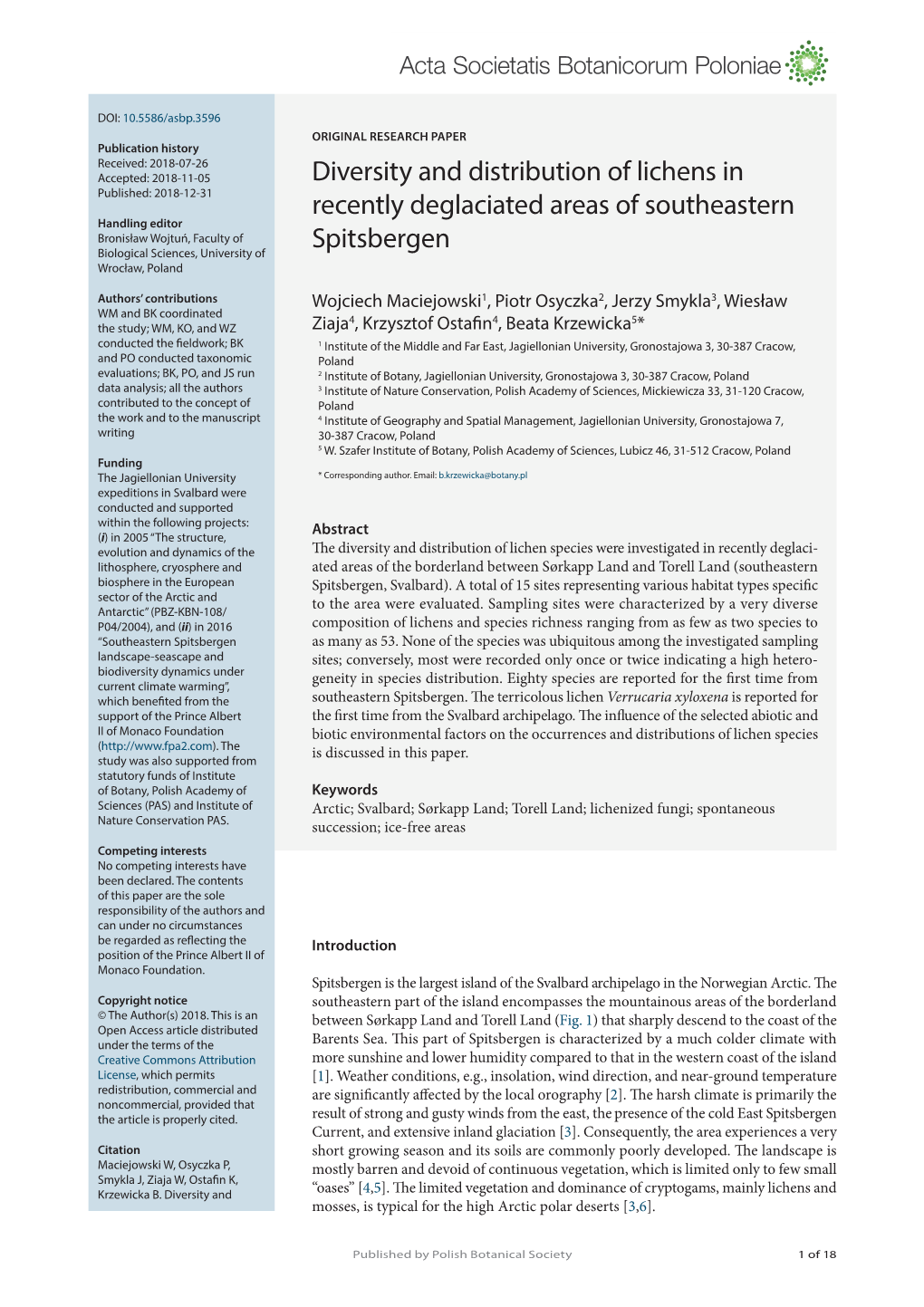 Diversity and Distribution of Lichens in Recently Deglaciated Areas of Southeastern Spitsbergen