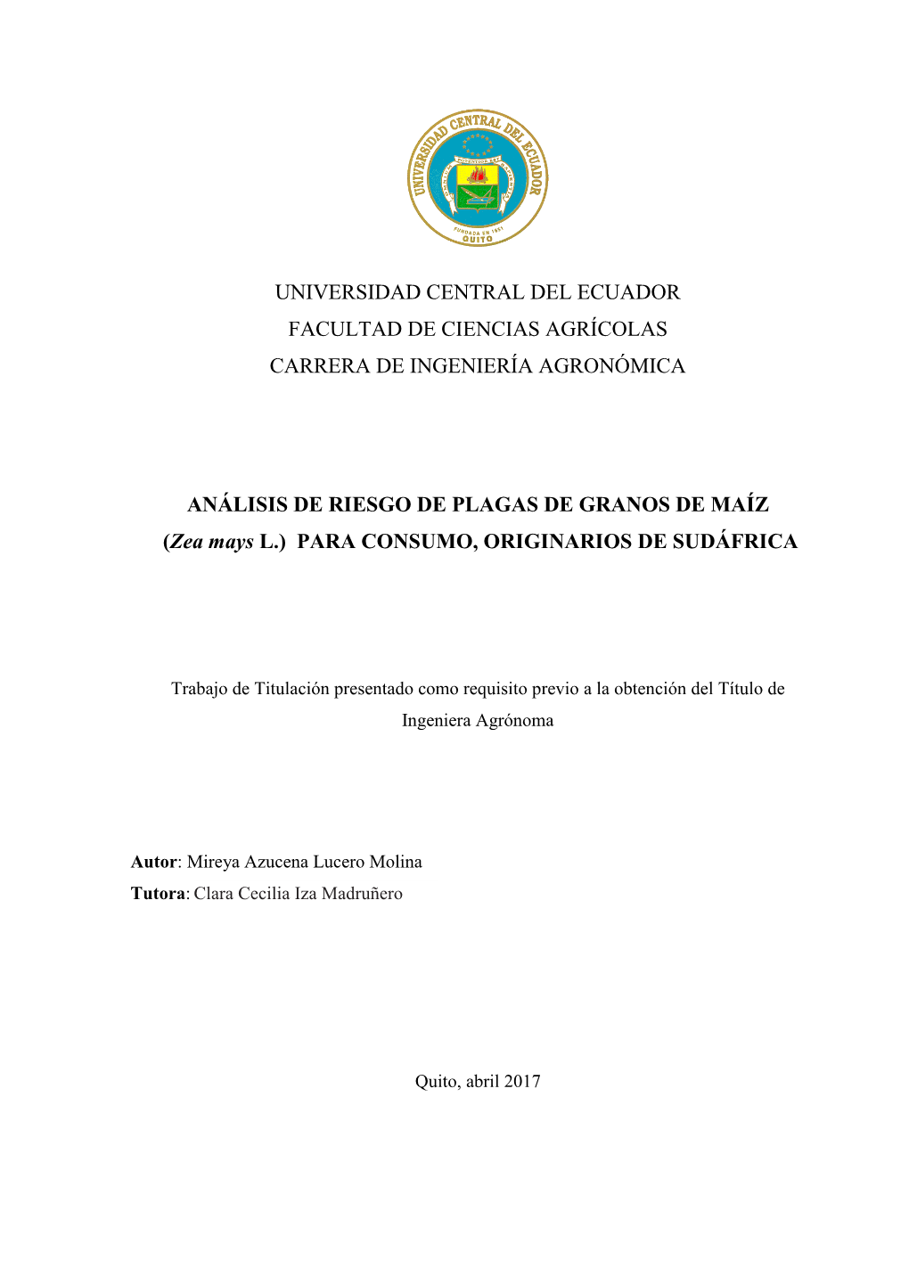 Universidad Central Del Ecuador Facultad De Ciencias Agrícolas Carrera De Ingeniería Agronómica