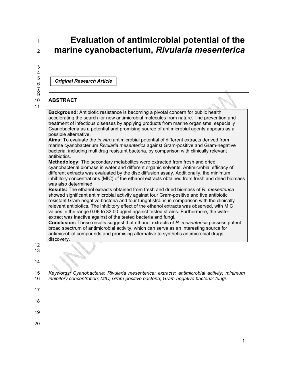 Evaluation of Antimicrobial Potential of the Marine Cyanobacterium