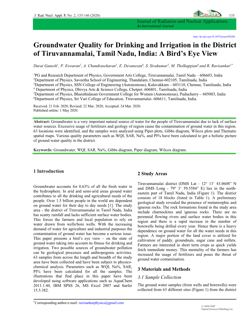 Groundwater Quality for Drinking and ... -.:: Natural Sciences Publishing