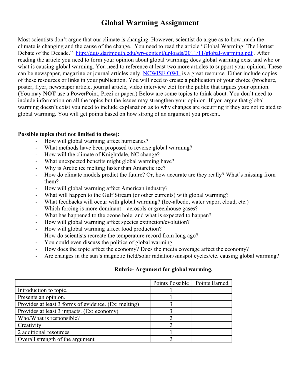 Global Warming Assignment