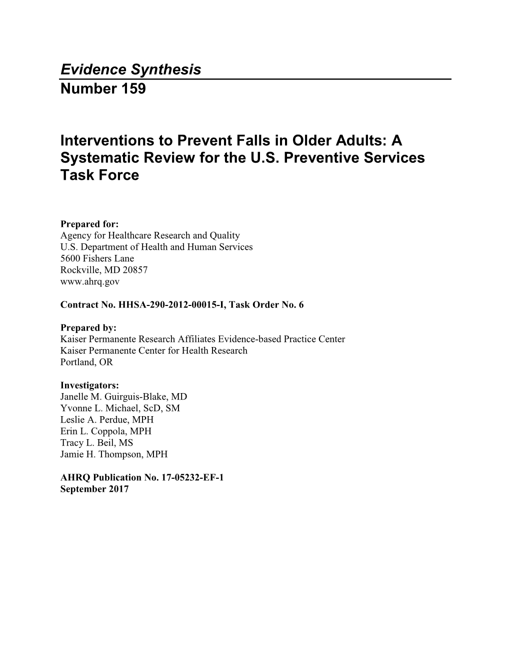 Evidence Synthesis Number 159 Interventions to Prevent Falls In