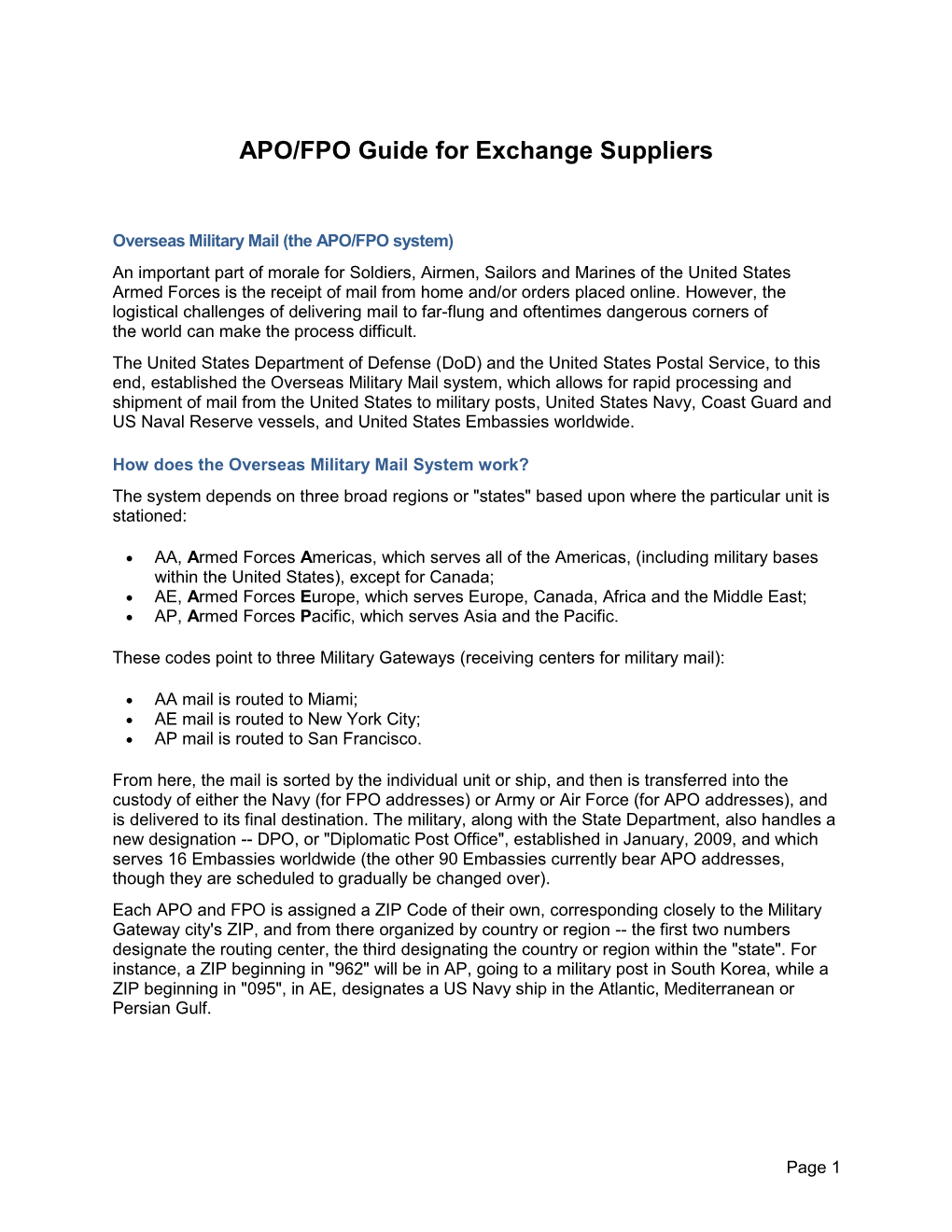 APO/FPO Guide for Exchange Suppliers