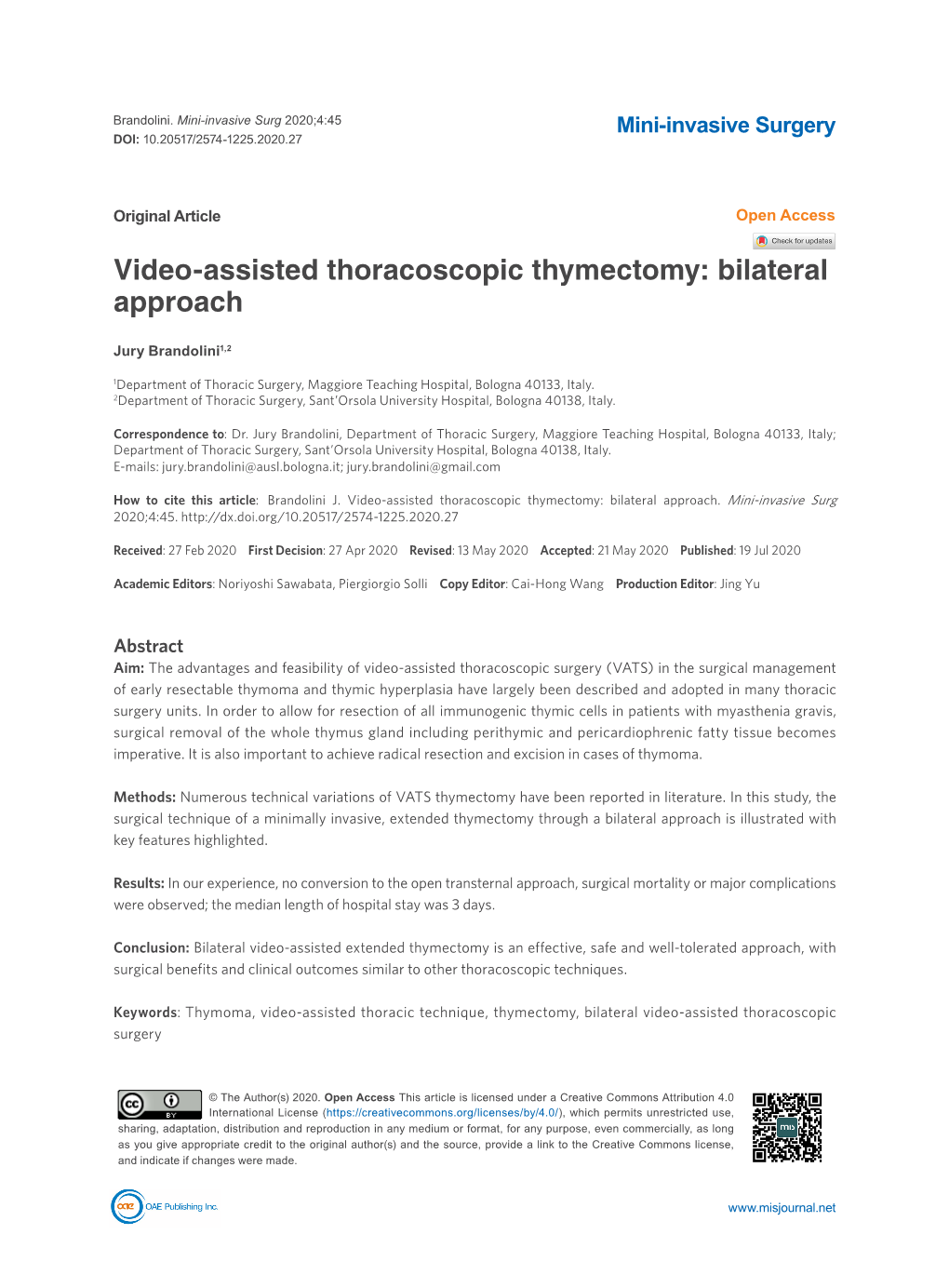 Video-Assisted Thoracoscopic Thymectomy: Bilateral Approach