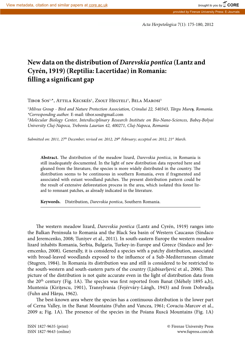 New Data on the Distribution of Darevskia Pontica(Lantz and Cyrén
