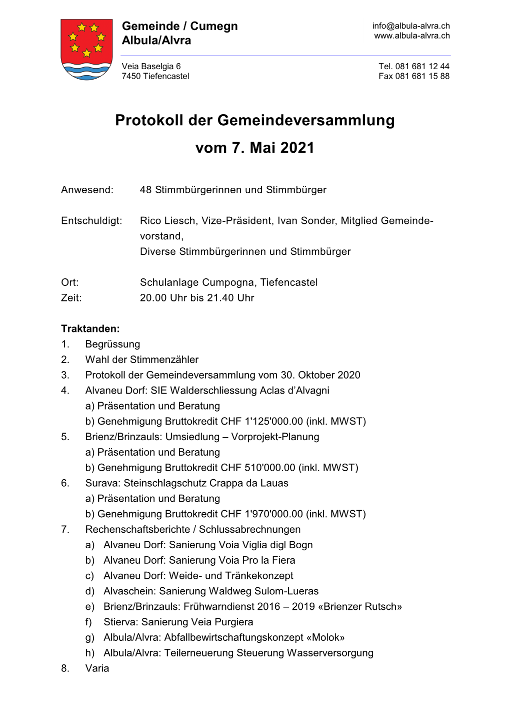 Protokoll Der Gemeindeversammlung Vom 7. Mai 2021