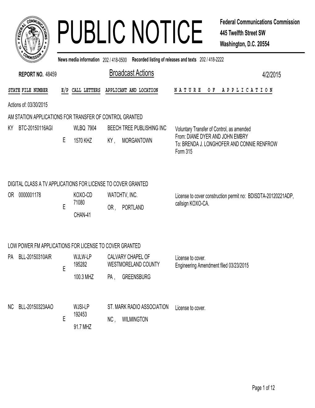 Broadcast Actions 4/2/2015