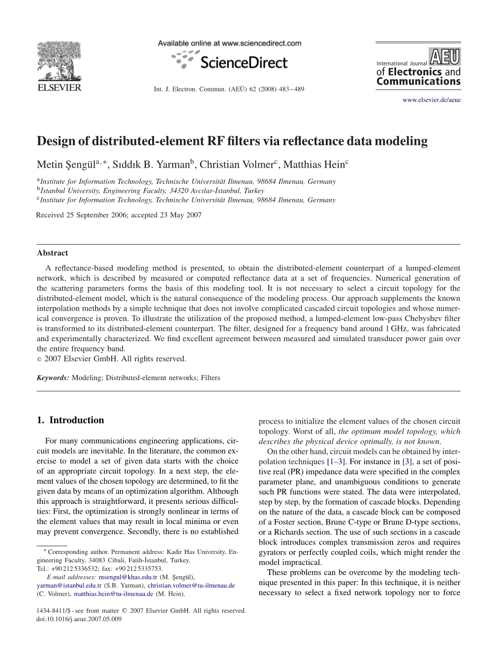 Design of Distributed-Element RF Filters Via Reflectance Data Modeling