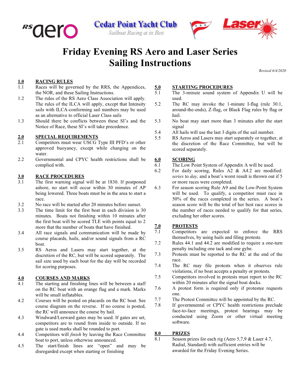 Friday Evening RS Aero and Laser Series Sailing Instructions Revised 6/4/2020