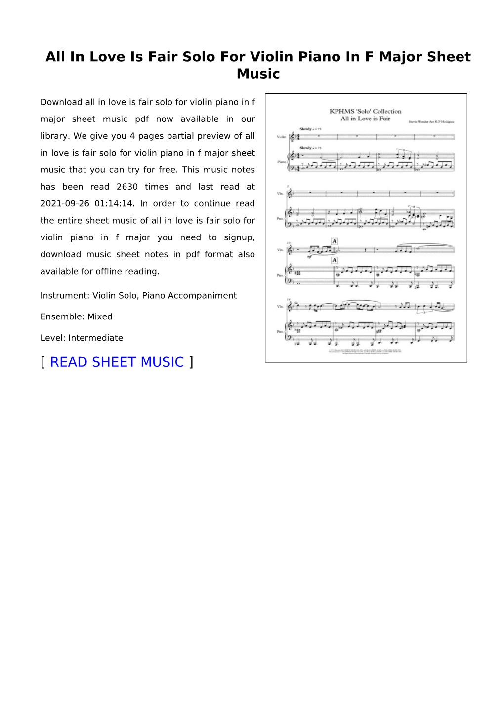 All in Love Is Fair Solo for Violin Piano in F Major Sheet Music