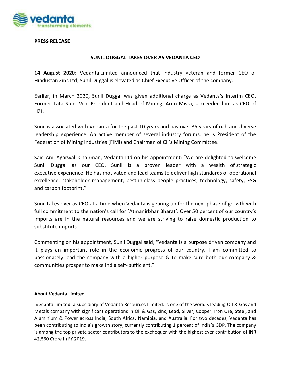 Press Release Sunil Duggal Takes Over As