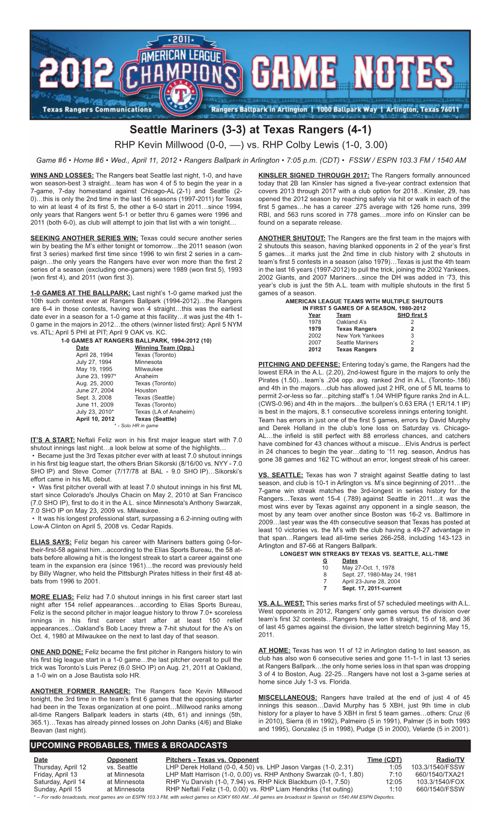 04.11.12 Notes Vs SEA 2012 Rangers Game Notes