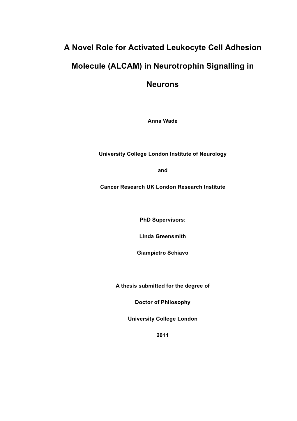 A Novel Role for Activated Leukocyte Cell Adhesion Molecule (ALCAM) in Neurotrophin Signalling in Neurons