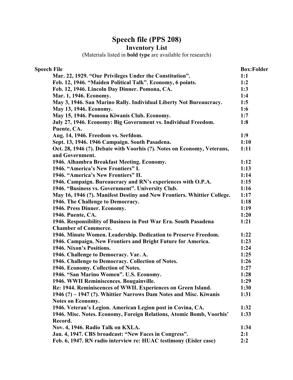 Speech File (PPS 208) Inventory List (Materials Listed in Bold Type Are Available for Research)