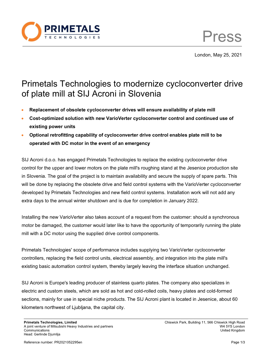 Primetals Technologies to Modernize Cycloconverter Drive of Plate Mill at SIJ Acroni in Slovenia