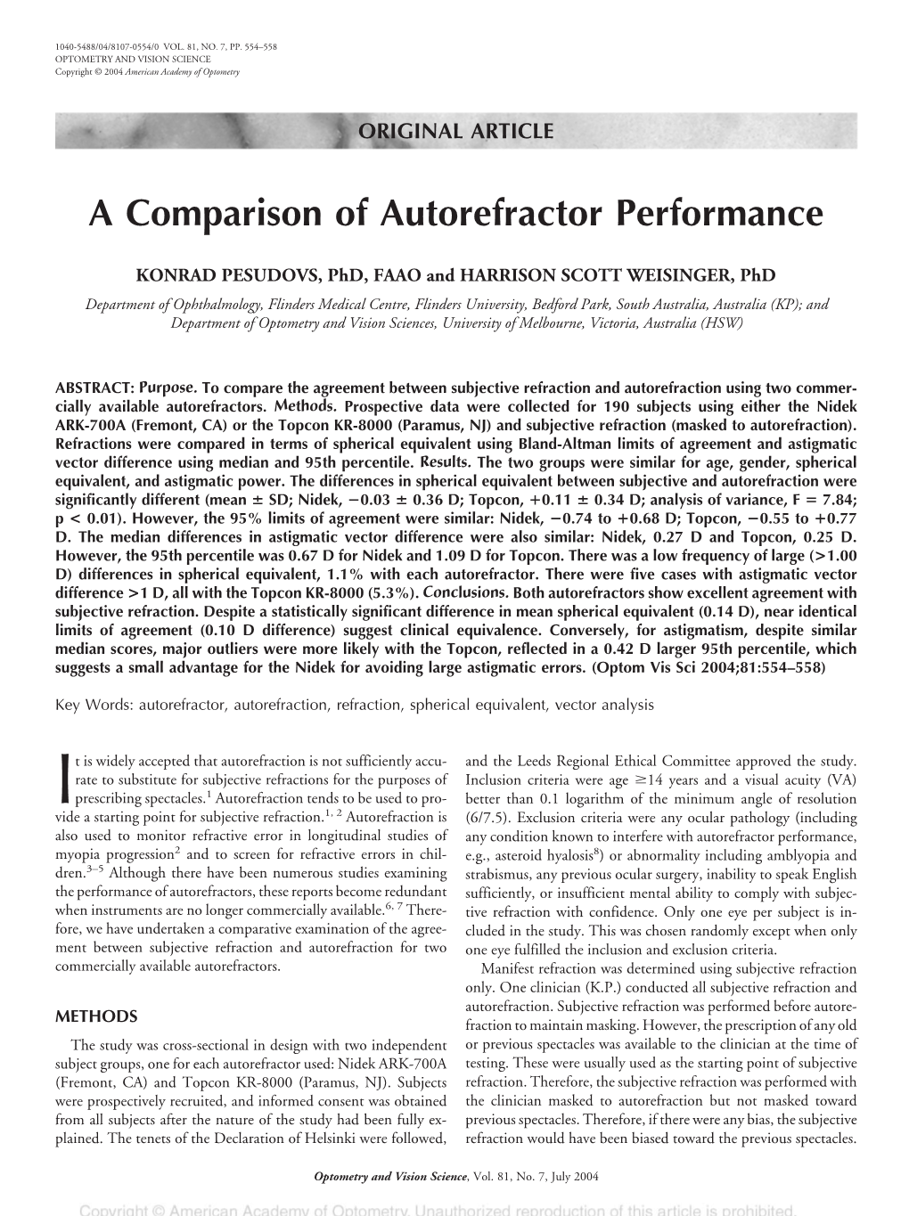 A Comparison of Autorefractor Performance